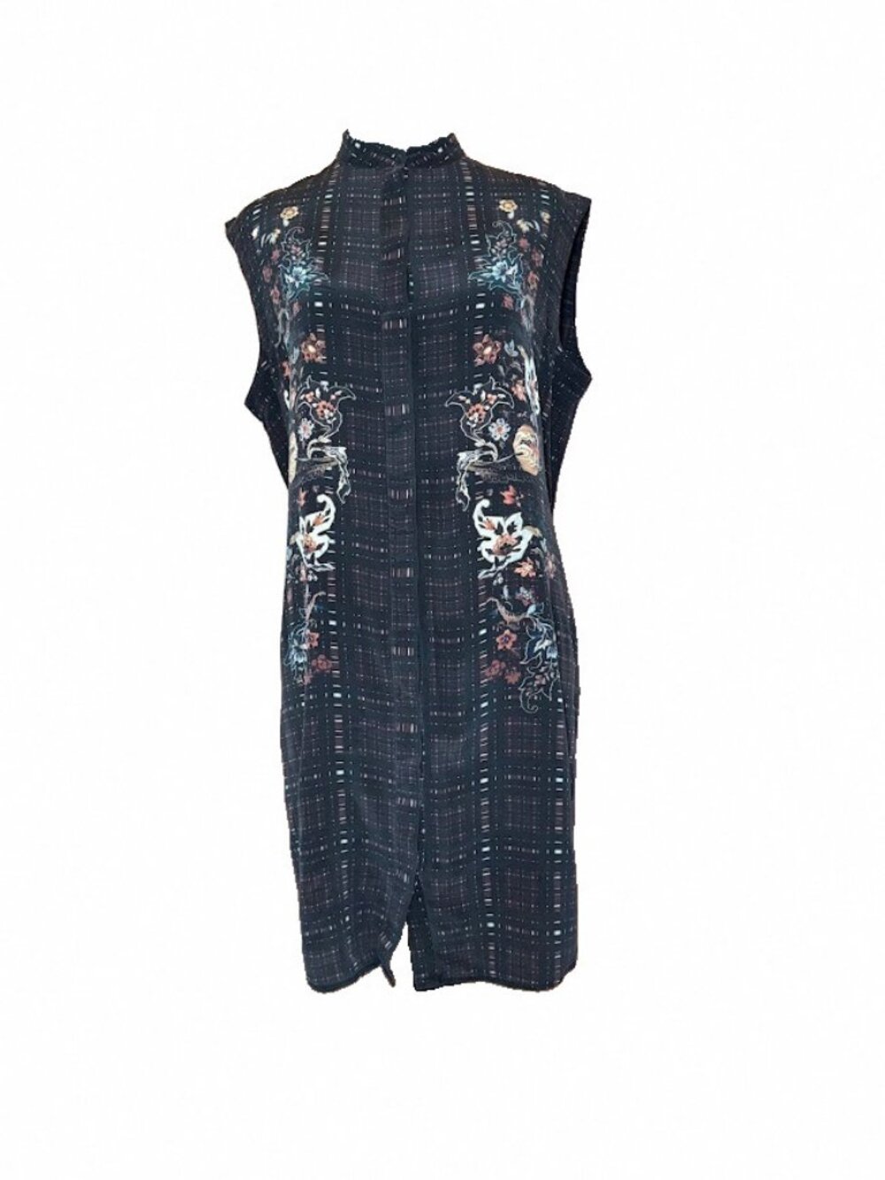 AllSaints Luna Saloon Silk Dress 6 Sleeveless Shirt Dress Floral Plaid Black